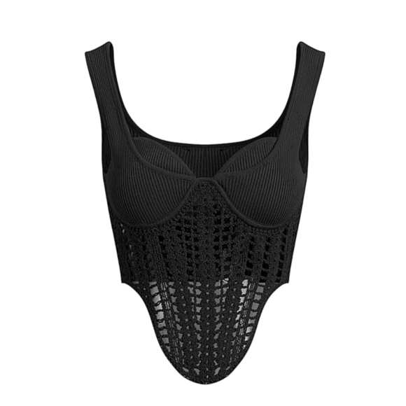 Commense Tops - NWT Commense Black Contour Piping Uneven Hem Crochet Corset Cropped Tank Top